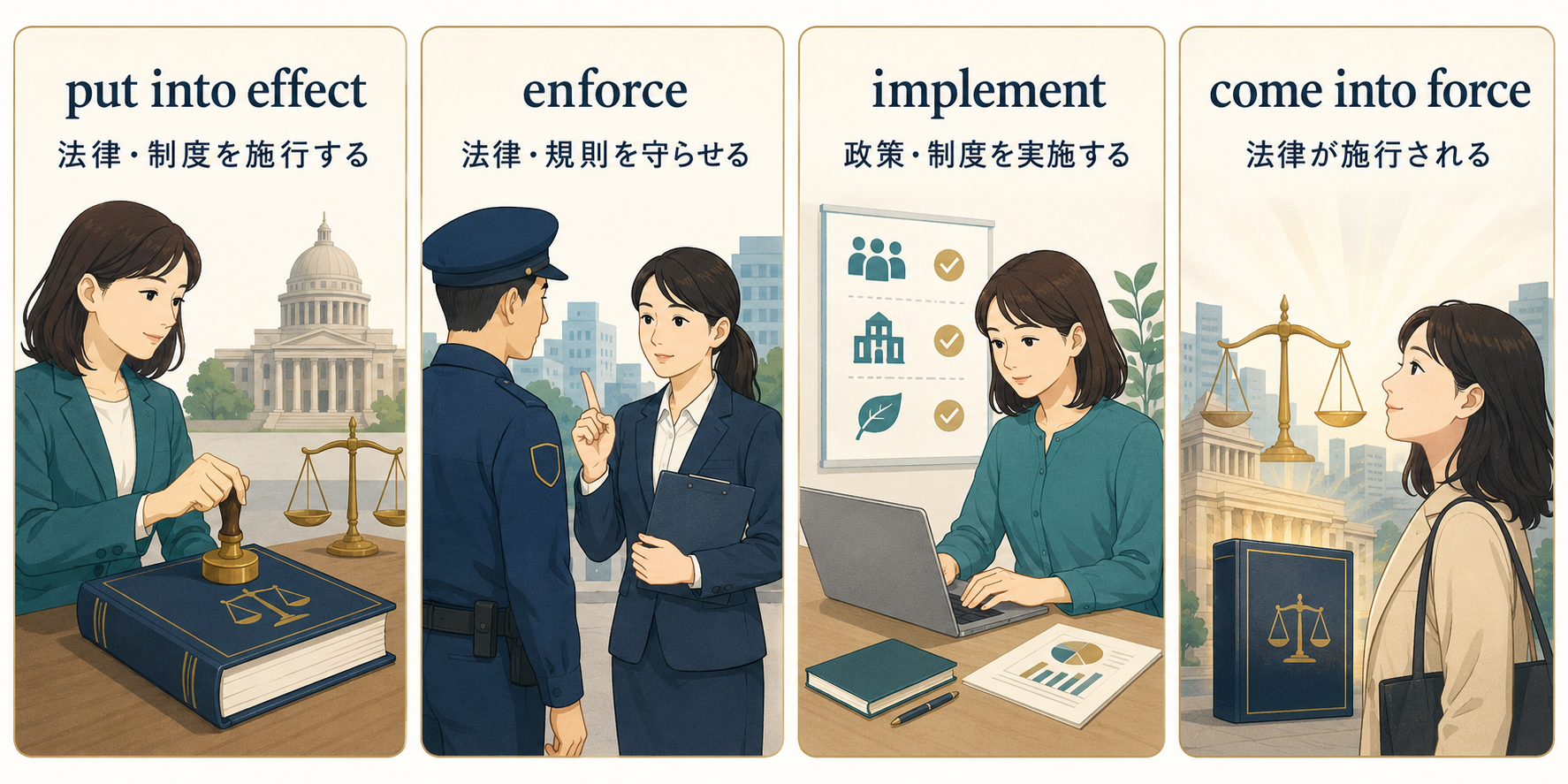 put into effect・enforce・implement・come into forceの違い