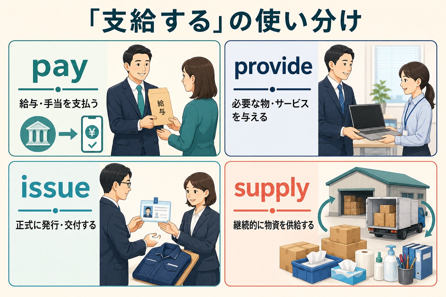 pay・provide・issue・supplyの使い分け比較