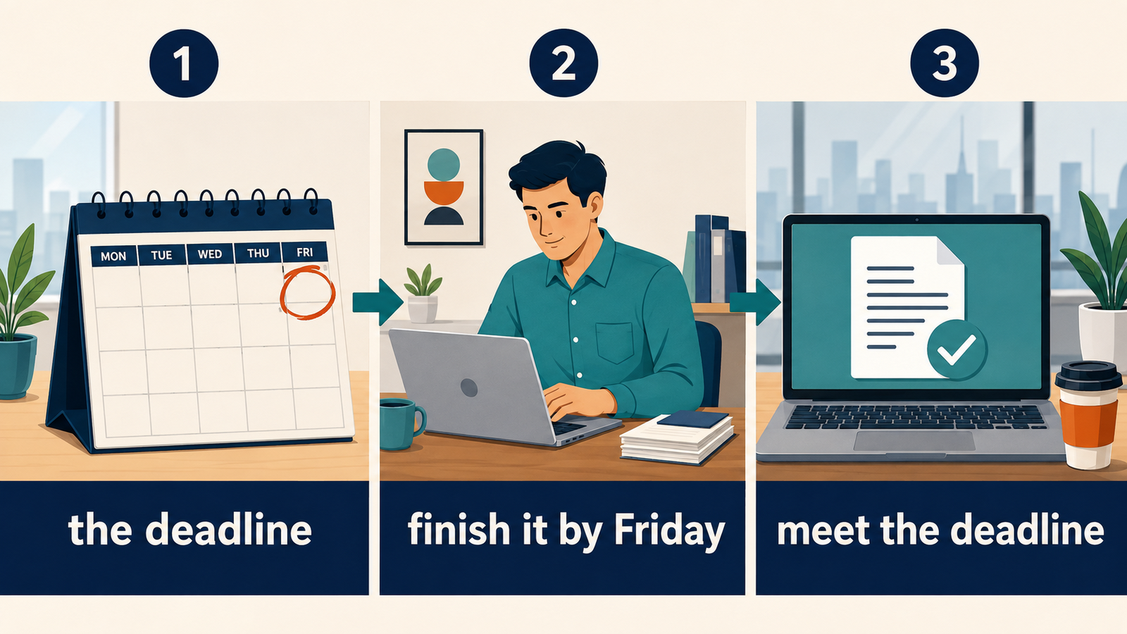 the deadline・finish it by Friday・meet the deadlineの流れを示すイラスト