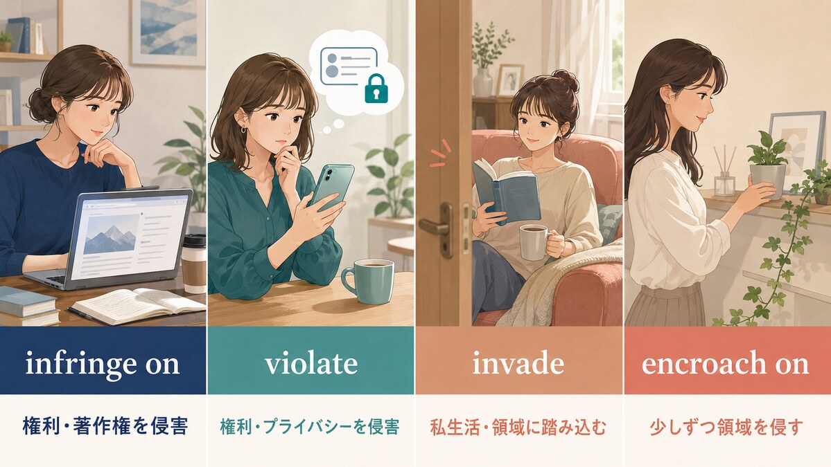 infringe on・violate・invade・encroach onの意味を4場面で比較