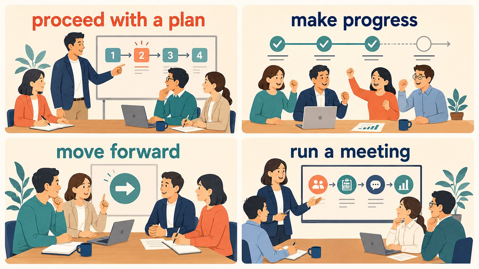 進行するをproceed with a plan、make progress、move forward、run a meetingに分けた図