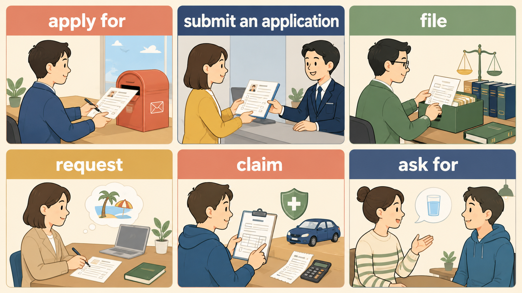 apply for・submit an application・file・request・claim・ask forの違いを示す比較イラスト
