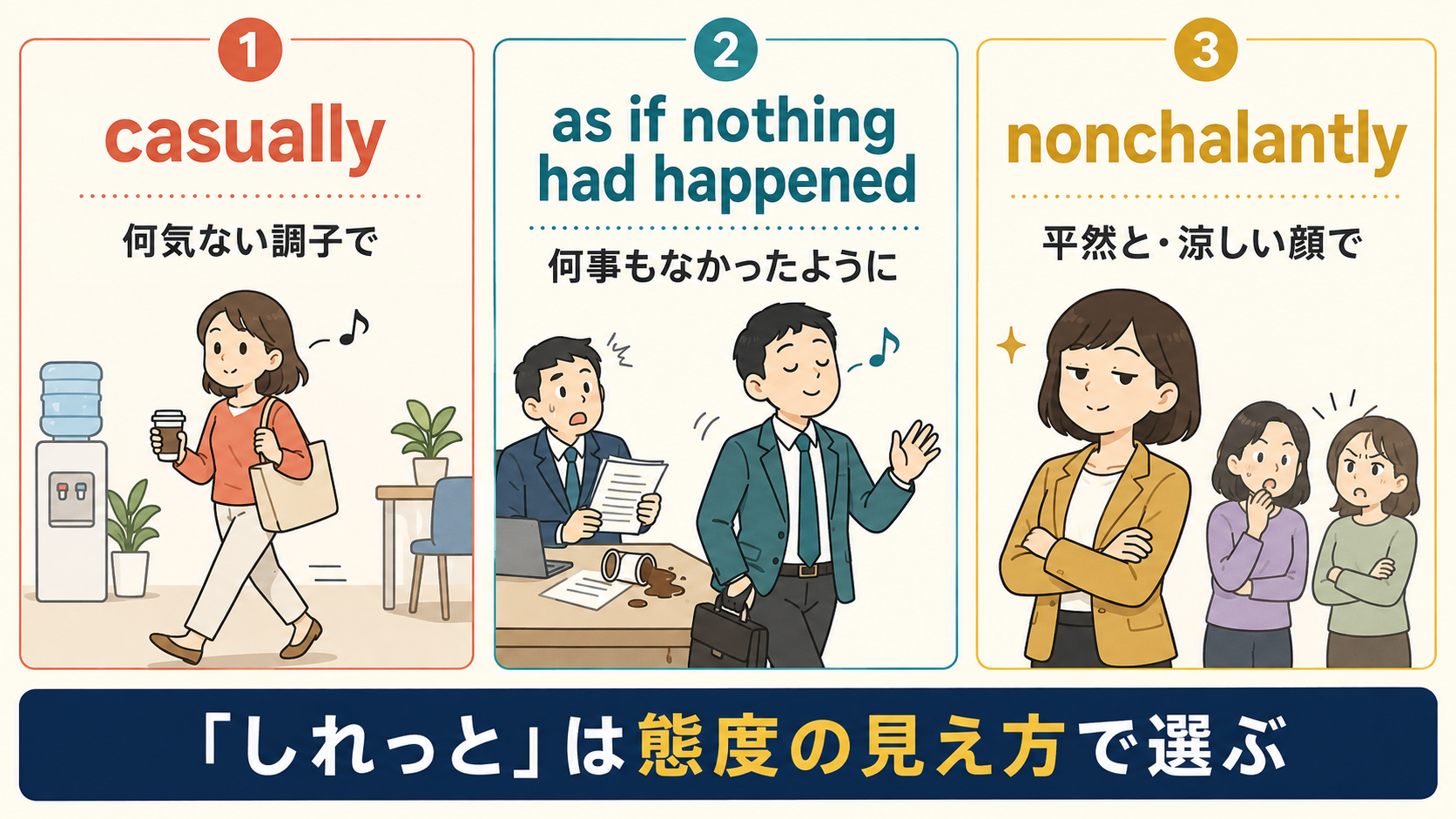 casually・as if nothing had happened・nonchalantlyの違い