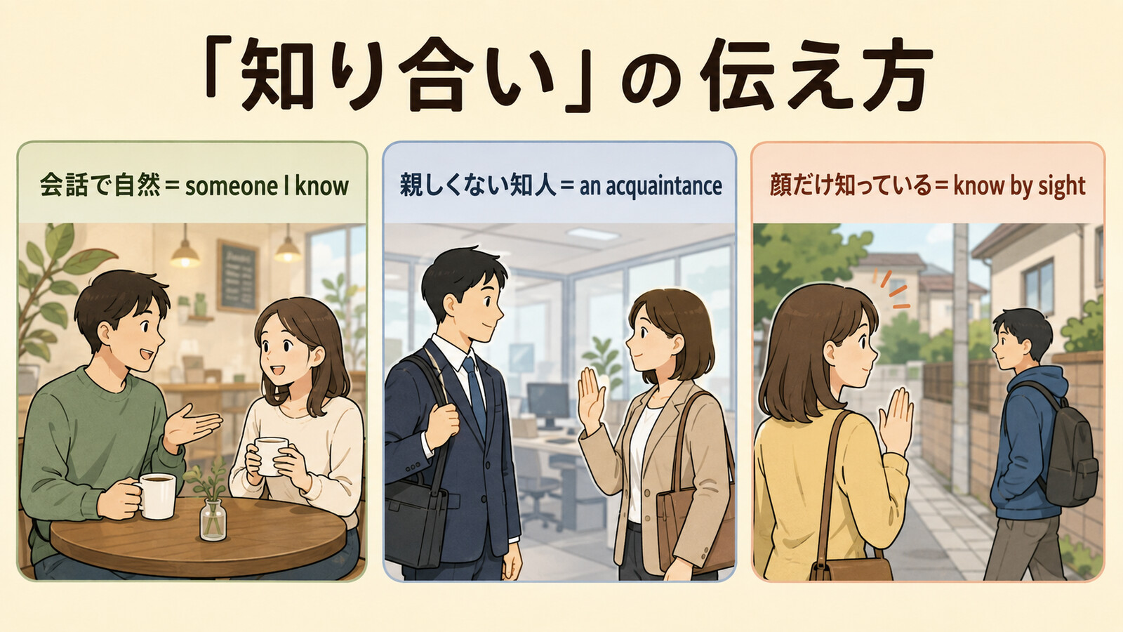 知り合いを表す someone I know、an acquaintance、know by sight の違い