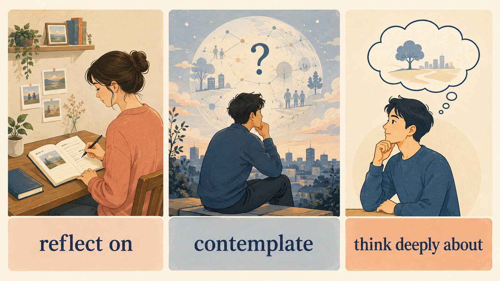 思索するをreflect on・contemplate・think deeply aboutに分けた比較イラスト