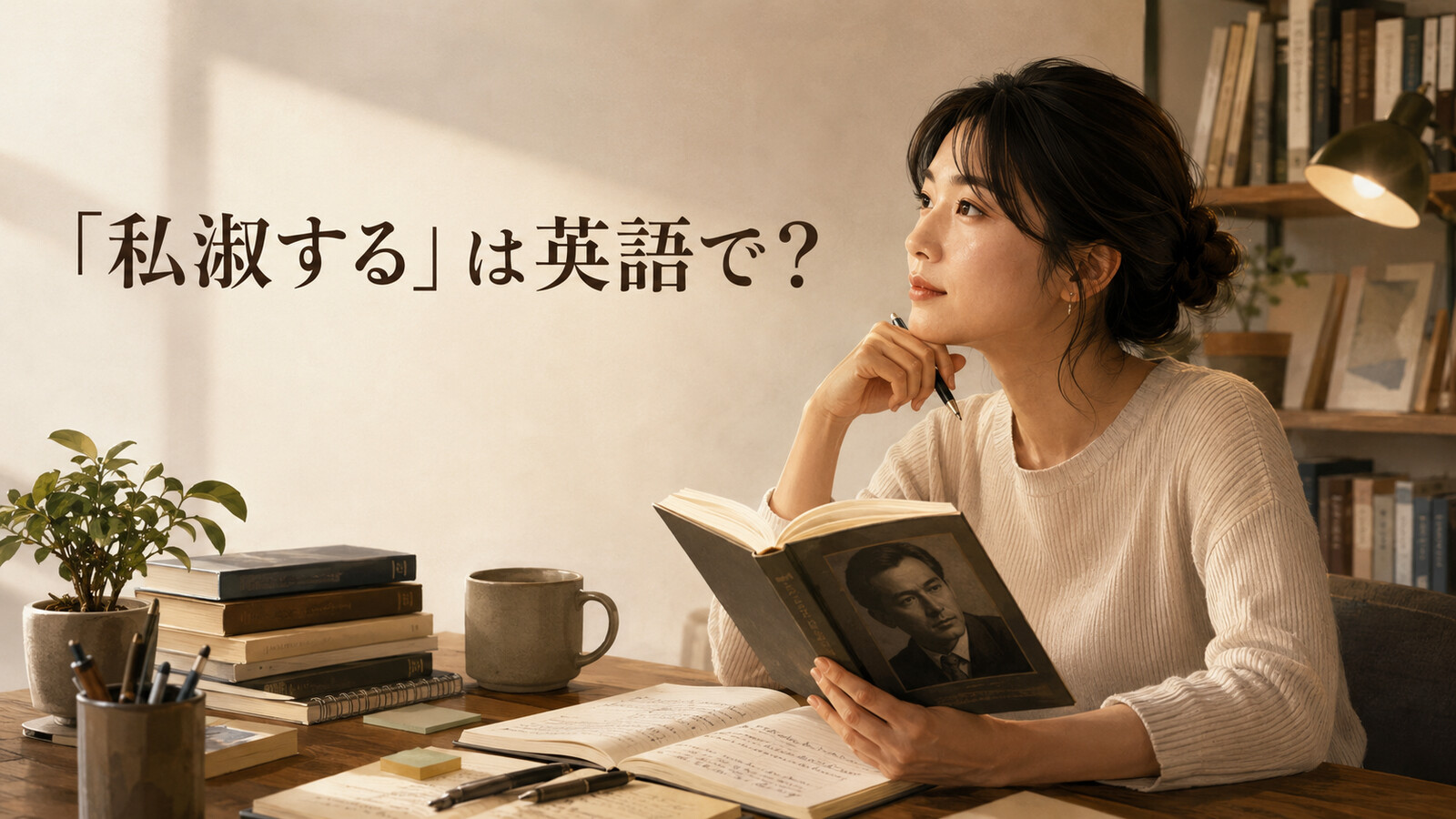 会ったことのない著者の本から学ぶ女性。「私淑する」は英語で？