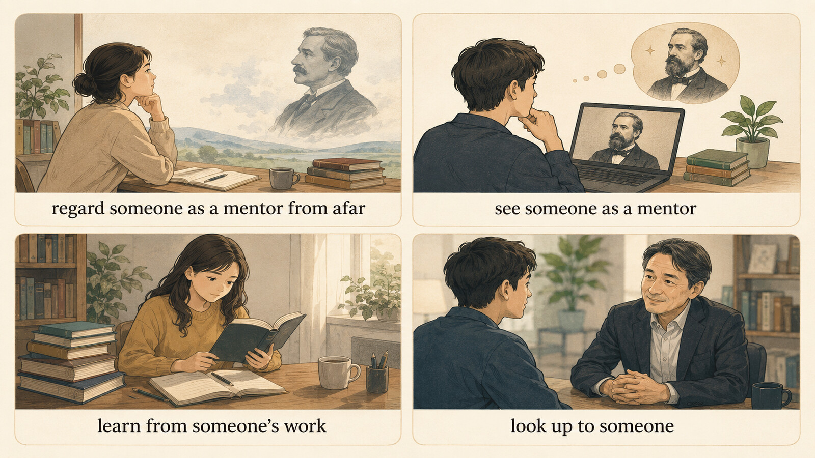 regard someone as a mentor from afar、see someone as a mentor、learn from someone's work、look up to someoneの違い