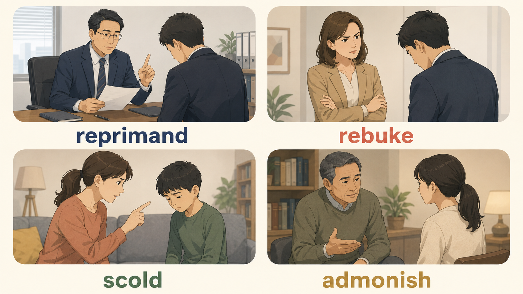 reprimand・rebuke・scold・admonishの違いを示すイラスト
