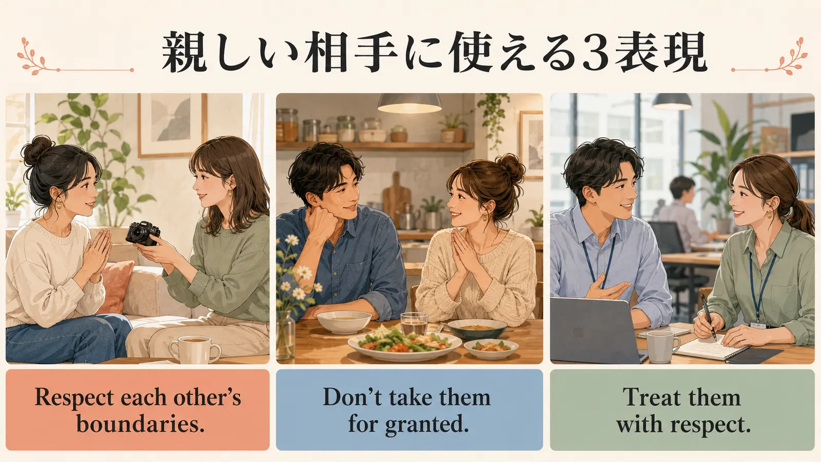 親しい相手にも礼儀を守る英語3表現のまとめイラスト