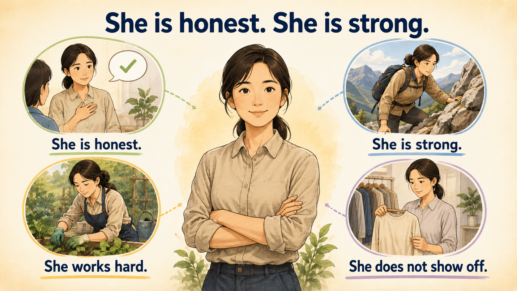 質実剛健をShe is honest and strongなどの簡単な英語で表すイラスト