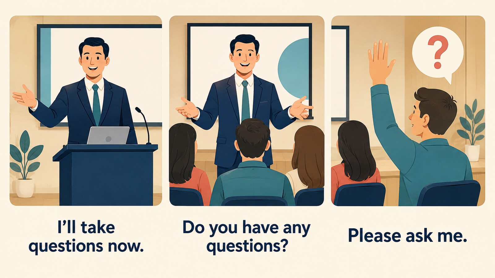 I’ll take questions nowをDo you have any questionsとPlease ask meに言い換える図解