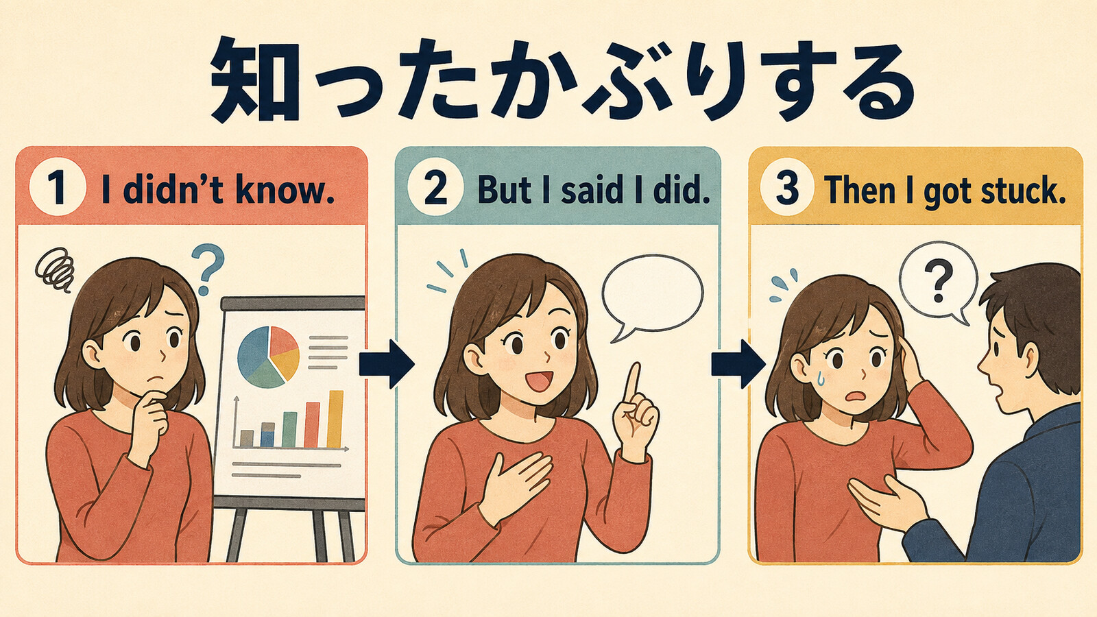 知ったかぶりするをI didn't know、But I said I did、Then I got stuckで表す図