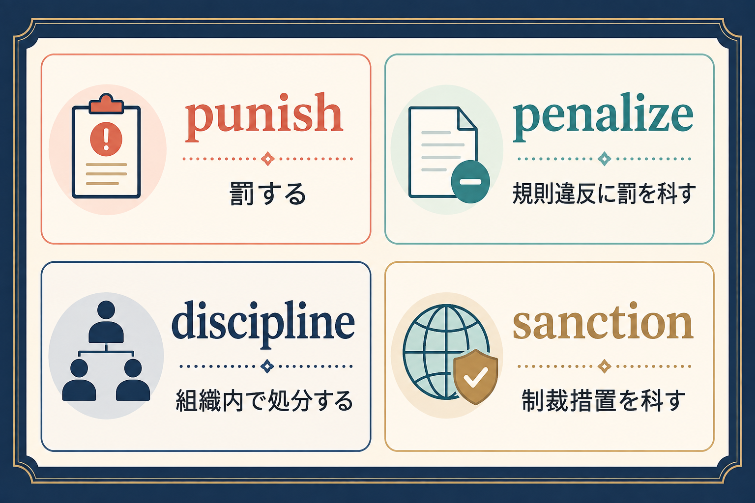 punish・penalize・discipline・sanctionの意味と使い分け