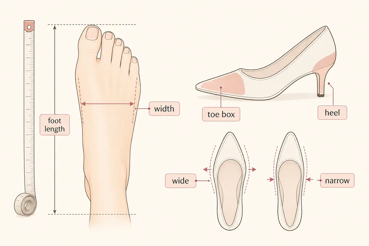 foot length・width・toe box・heel・wide・narrowの図解