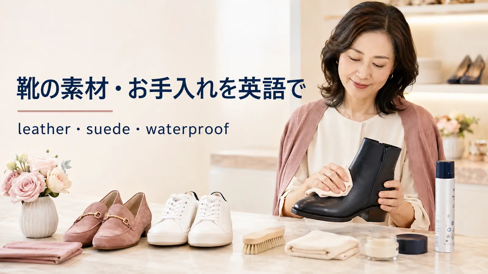 革靴を布で手入れする女性とスエード靴、スニーカー、ケア用品