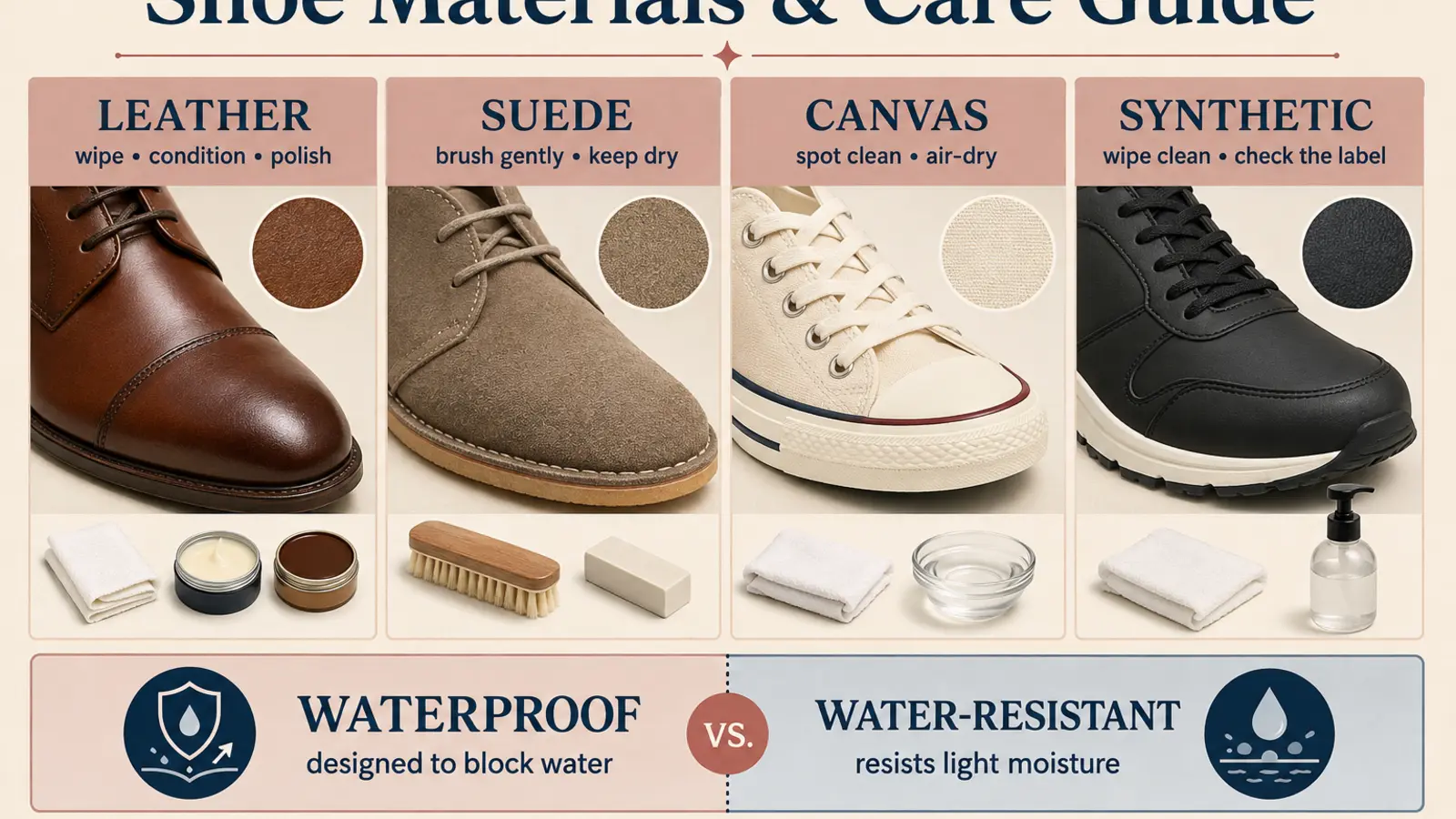leather、suede、canvas、syntheticの素材と靴のお手入れ、防水性の比較