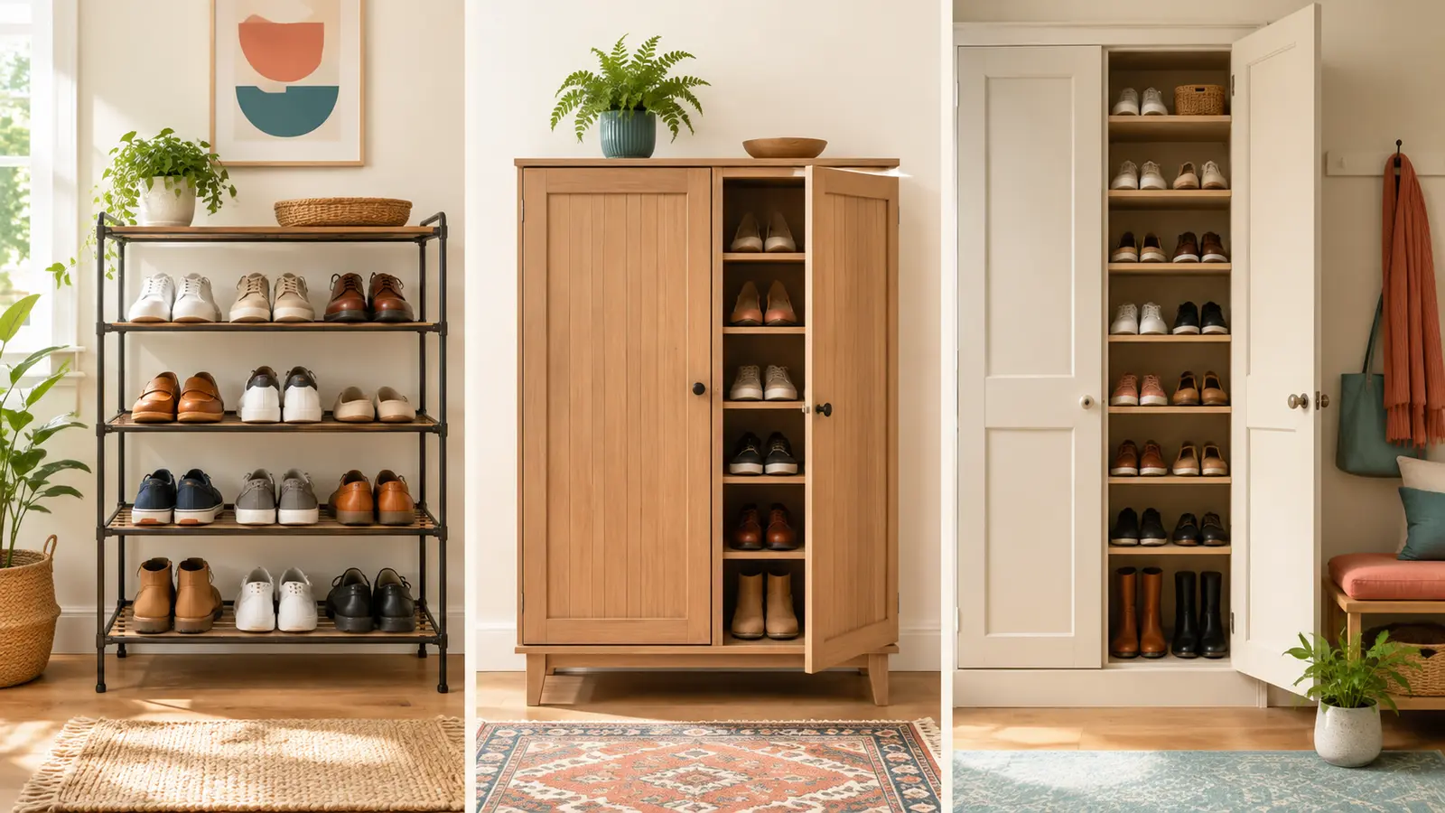 オープンなshoe rack、扉付きshoe cabinet、造り付けshoe cupboardを比較したイラスト