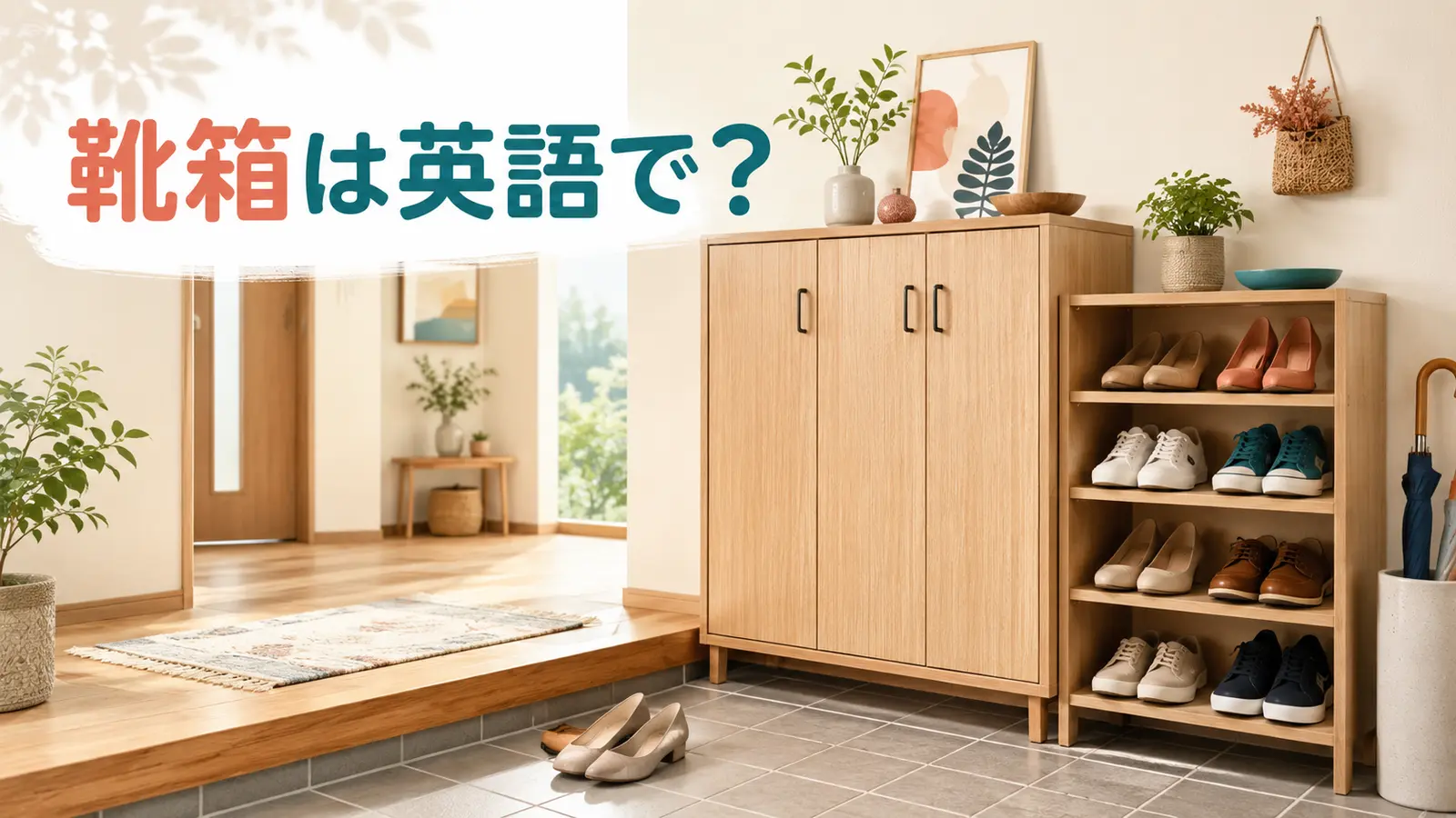 玄関の扉付き靴箱とオープンな靴棚を描いた「靴箱は英語で?」のアイキャッチ画像