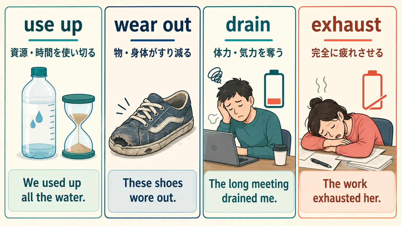 use up・wear out・drain・exhaustの使い分け比較図