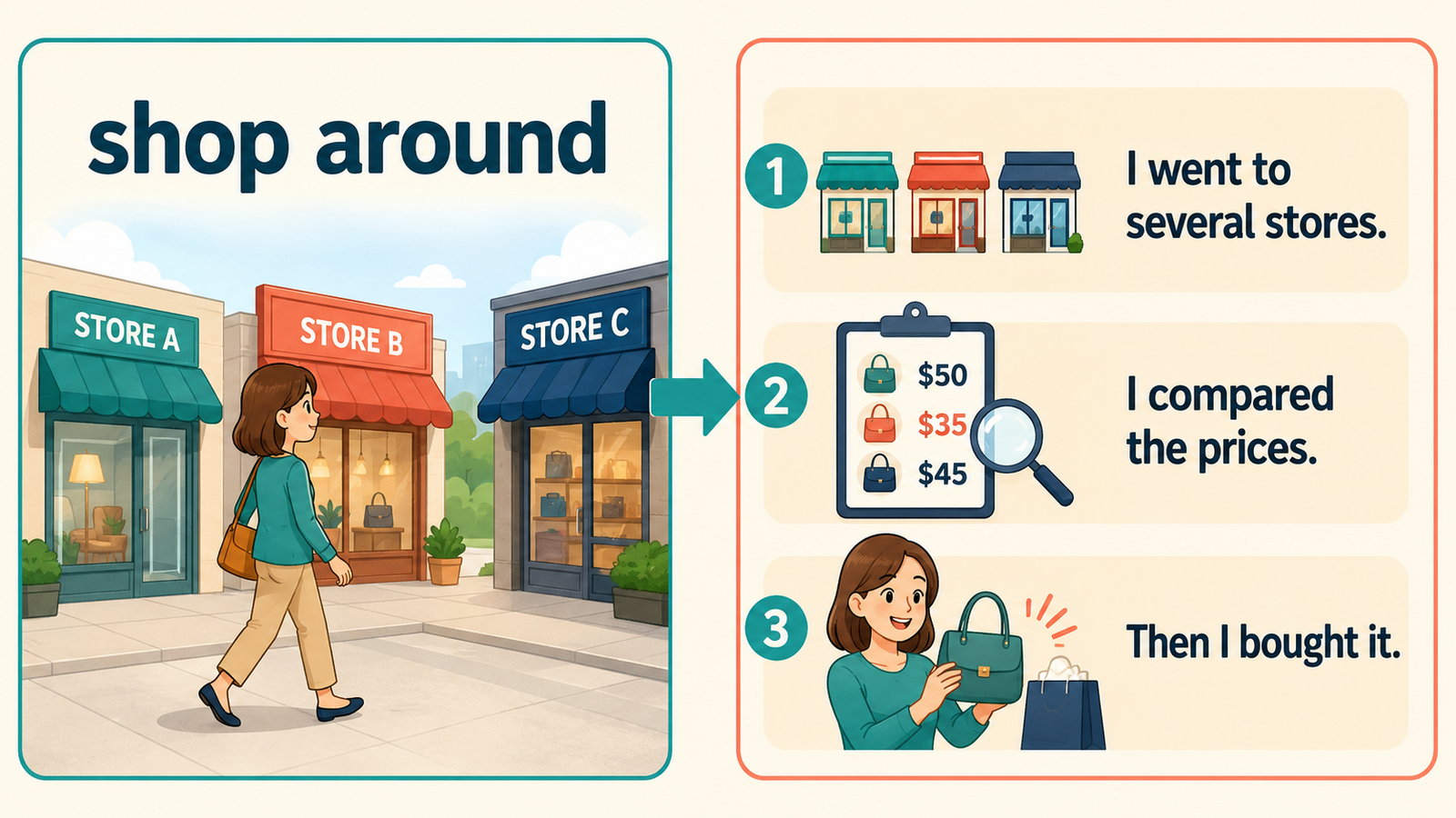 shop aroundをI went to several storesなどの簡単な英語に分解したイラスト