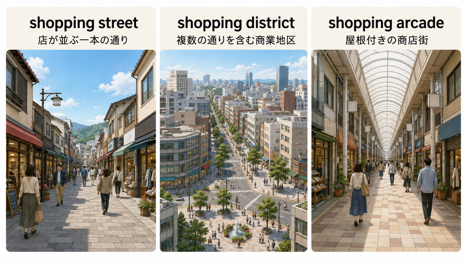 shopping street・shopping district・shopping arcadeの違いを比較