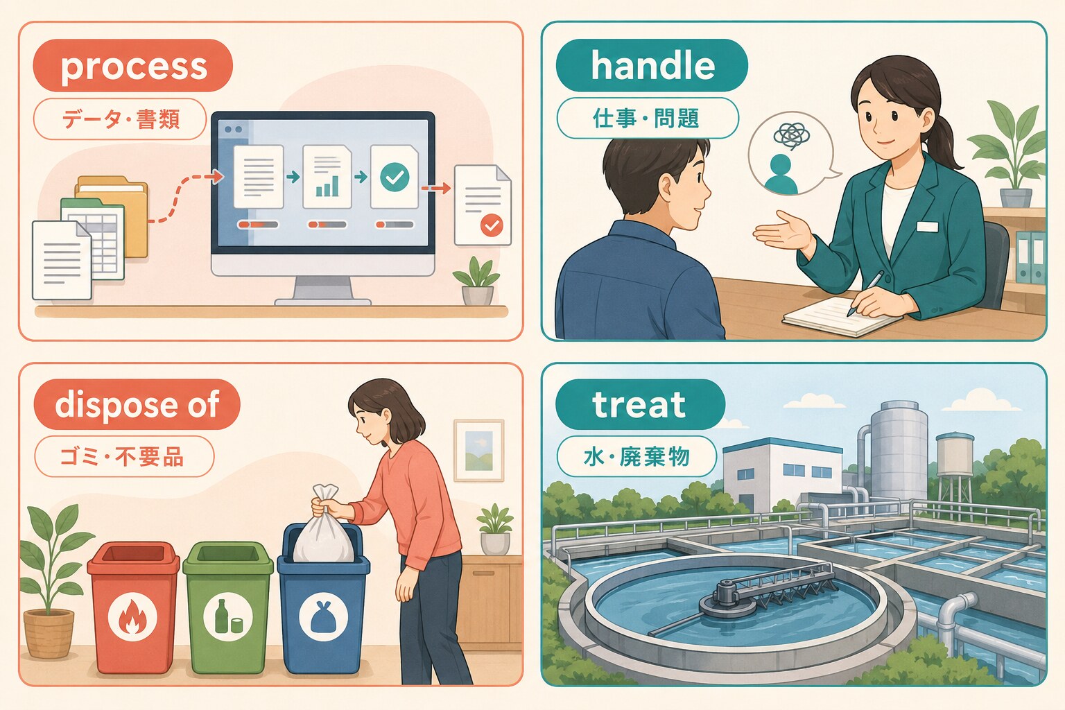 処理するを表すprocess、handle、dispose of、treatの使い分け