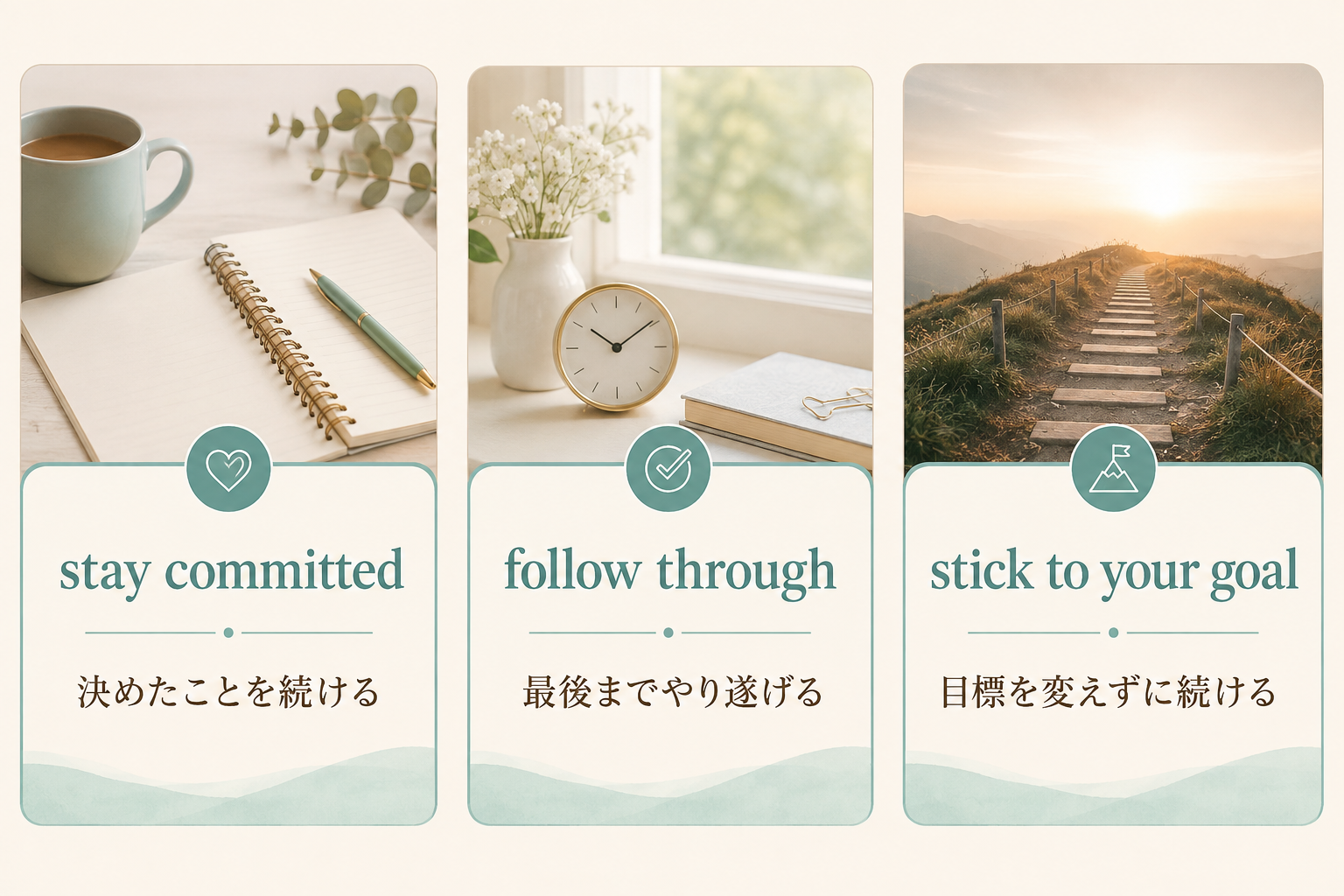 stay committed・follow through・stick to your goalの違い