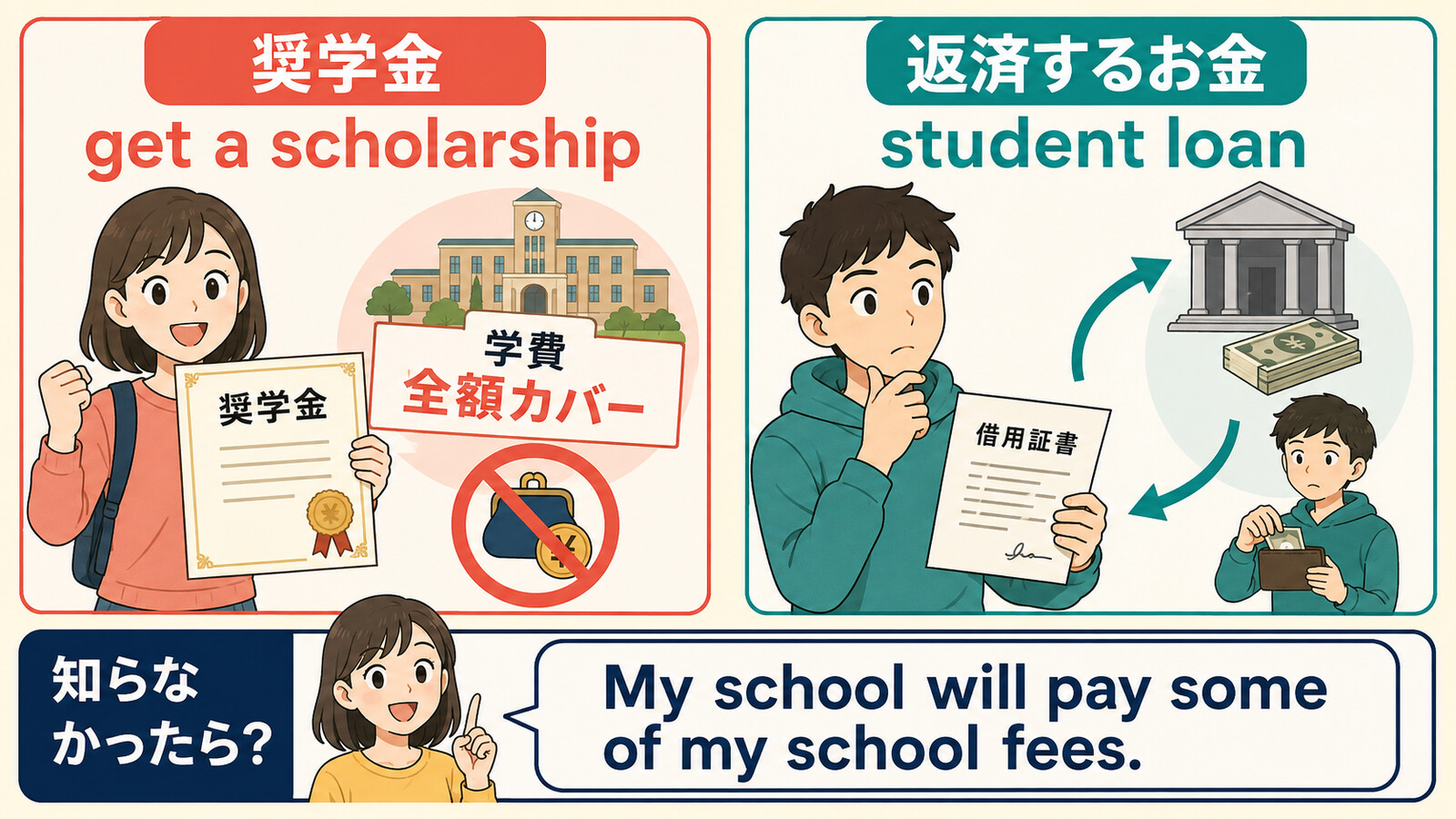 get a scholarshipとstudent loanの違いと簡単な言い換え