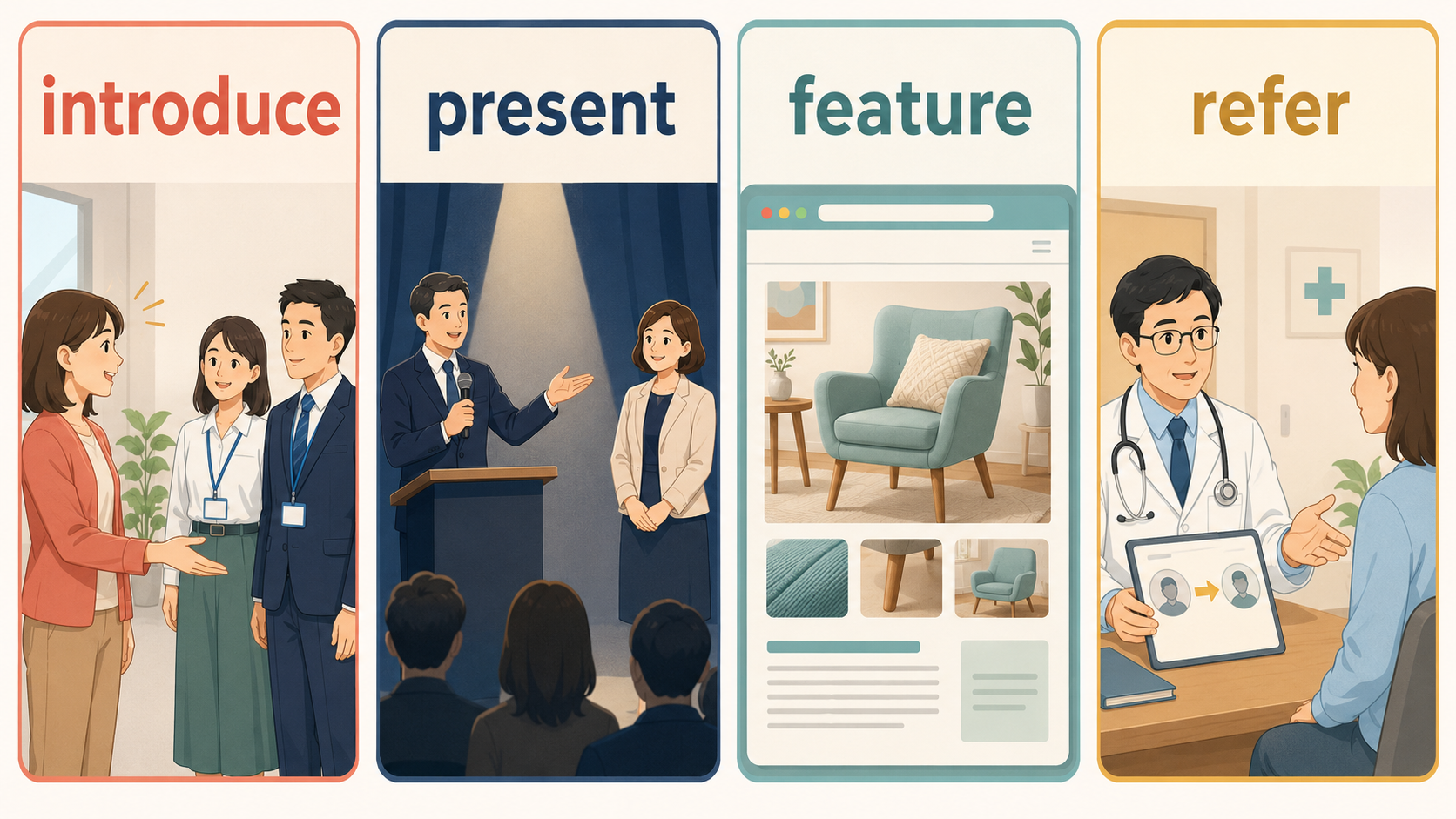 introduce・present・feature・referの使い分けを示す比較イラスト
