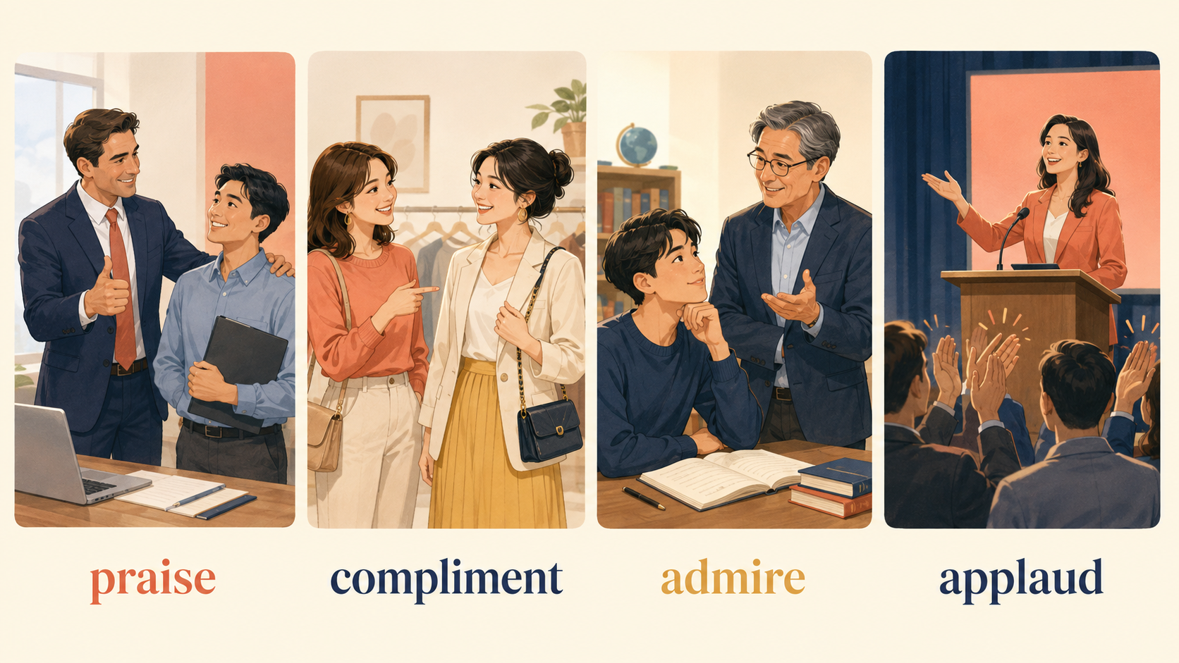 praise・compliment・admire・applaudの使い分けを示すイラスト