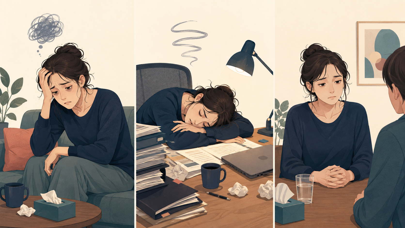 look exhausted、be worn out、look drainedのニュアンスを示すイラスト
