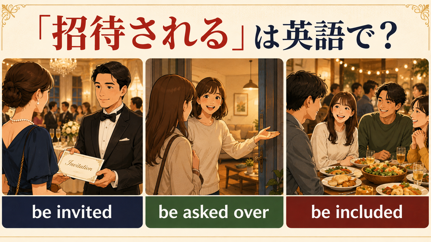 招待されるは英語で?be invited・be asked over・be includedの違い
