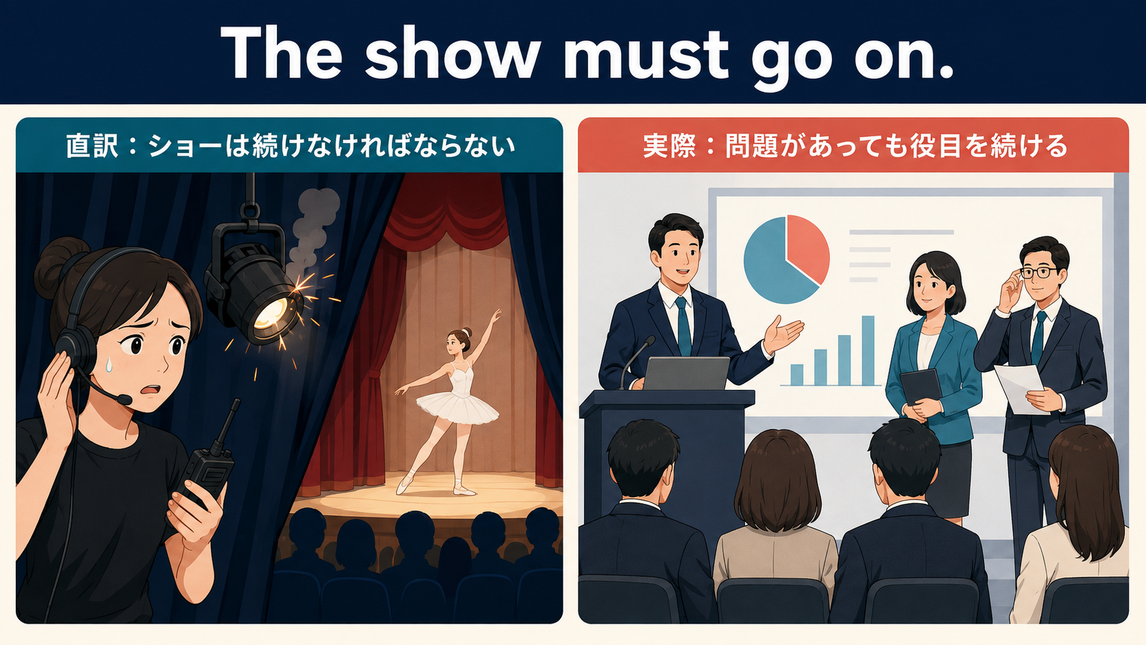 The show must go on.の直訳と実際のニュアンスを比較する図解