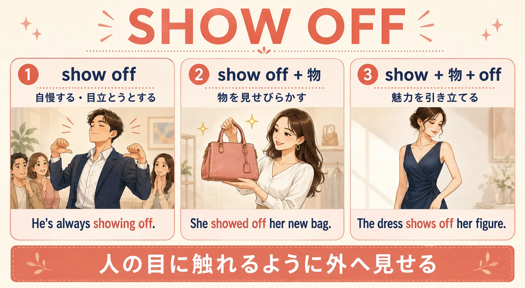 Show offの自慢する・見せびらかす・魅力を引き立てるの使い分け
