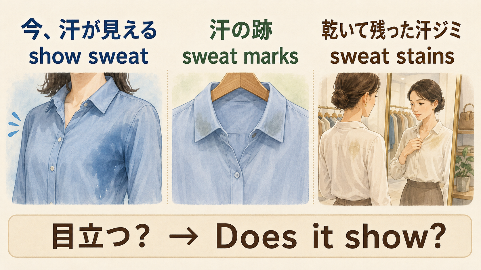 show sweat・sweat marks・sweat stainsの違いを示した横長比較図