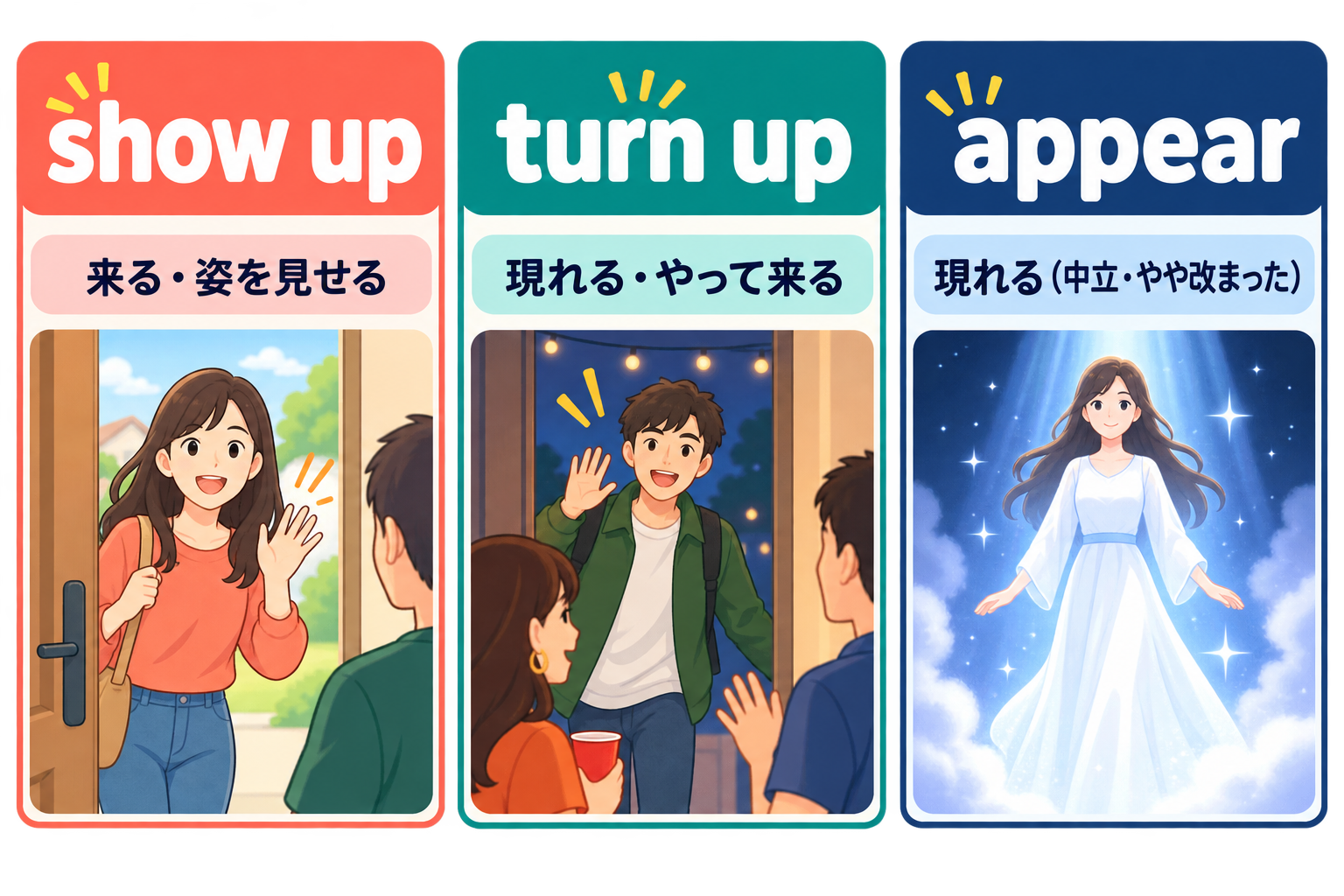show up・turn up・appearのニュアンスの違い