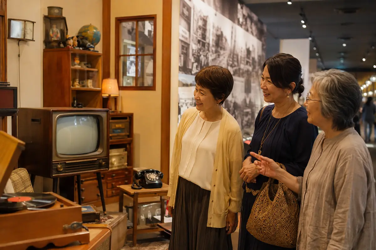 昭和時代のテレビや電話を展示した博物館で思い出を語る女性たち