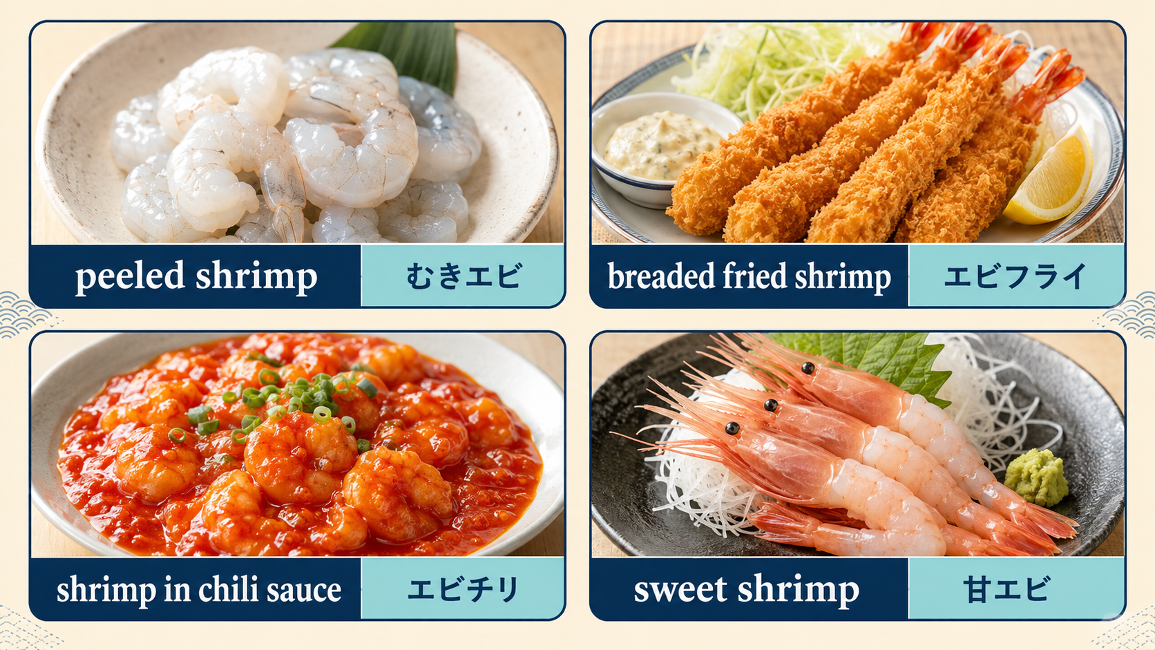 むきエビ、エビフライ、エビチリ、甘エビの英語表現