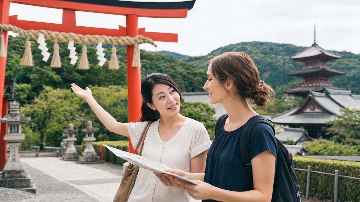 鳥居とお寺を見ながら英語で案内する女性