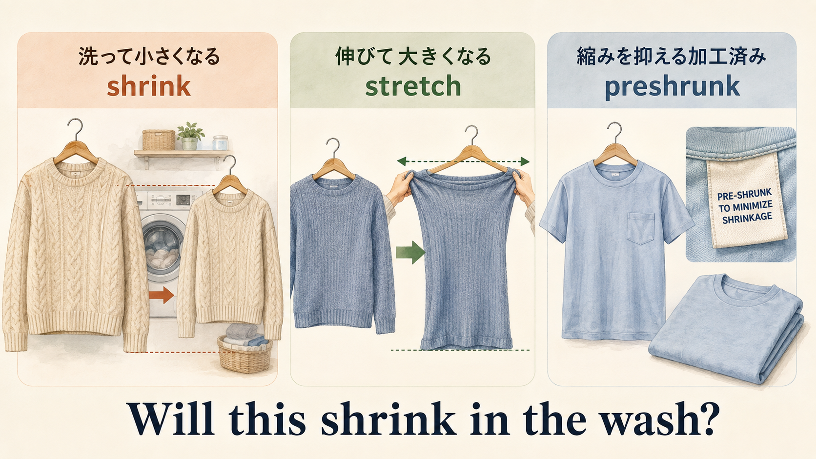 洗濯後に縮むshrink・伸びるstretch・防縮加工済みpreshrunkを比較した横長図