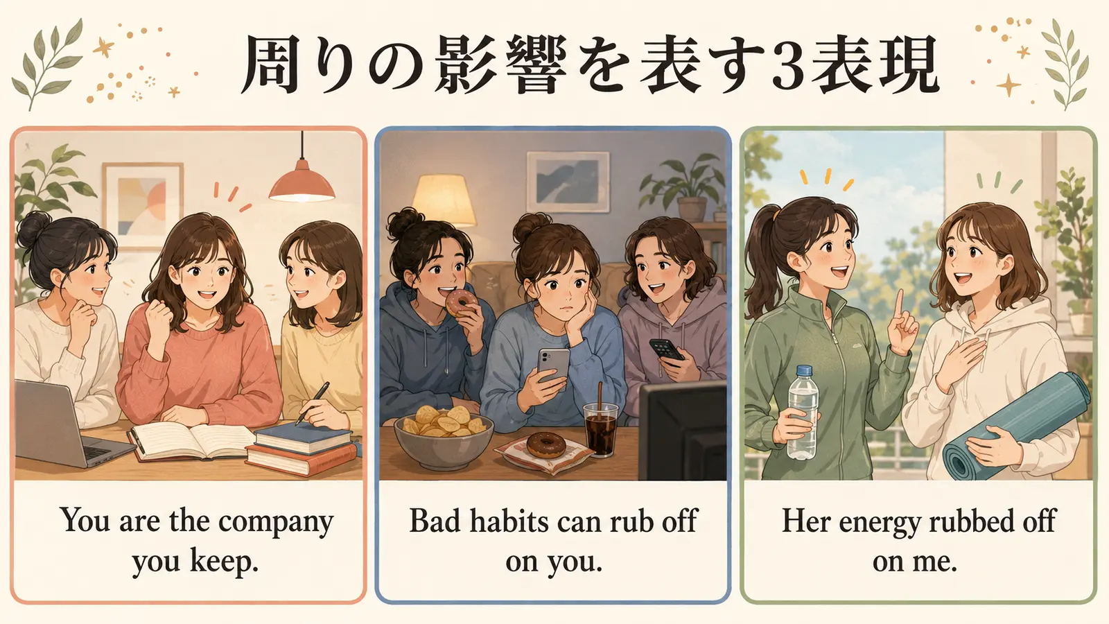 周りの人から受ける影響を表す英語3表現のまとめイラスト