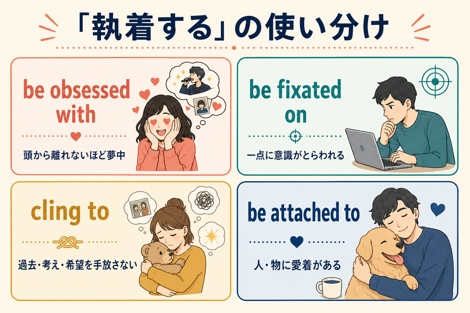 be obsessed with・be fixated on・cling to・be attached toの比較