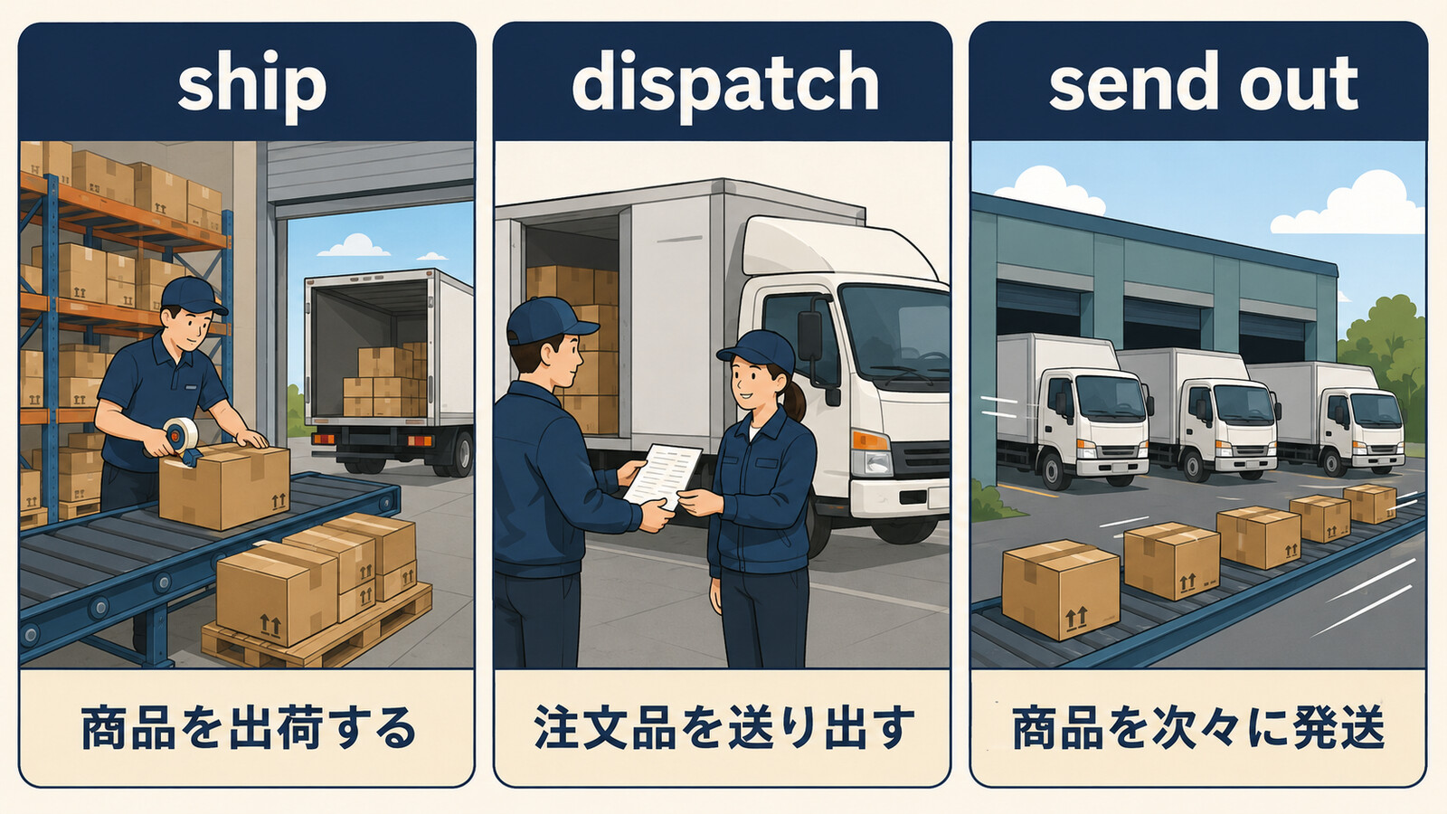 ship、dispatch、send outの違いを示す比較イラスト