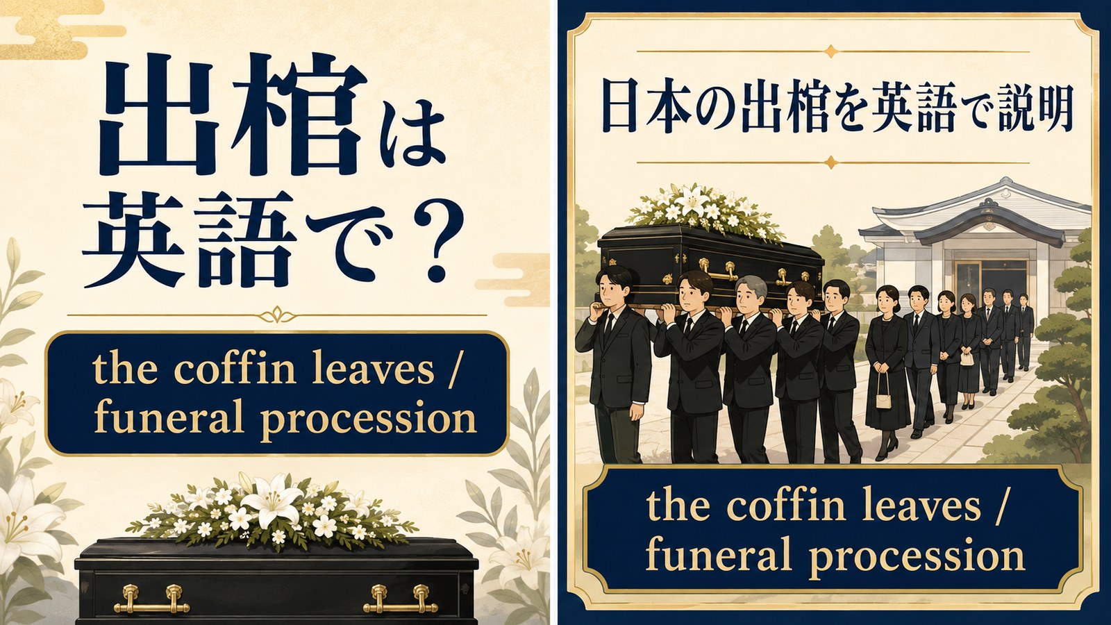 出棺は英語で?the coffin leaves / the funeral procession beginsを解説するアイキャッチ