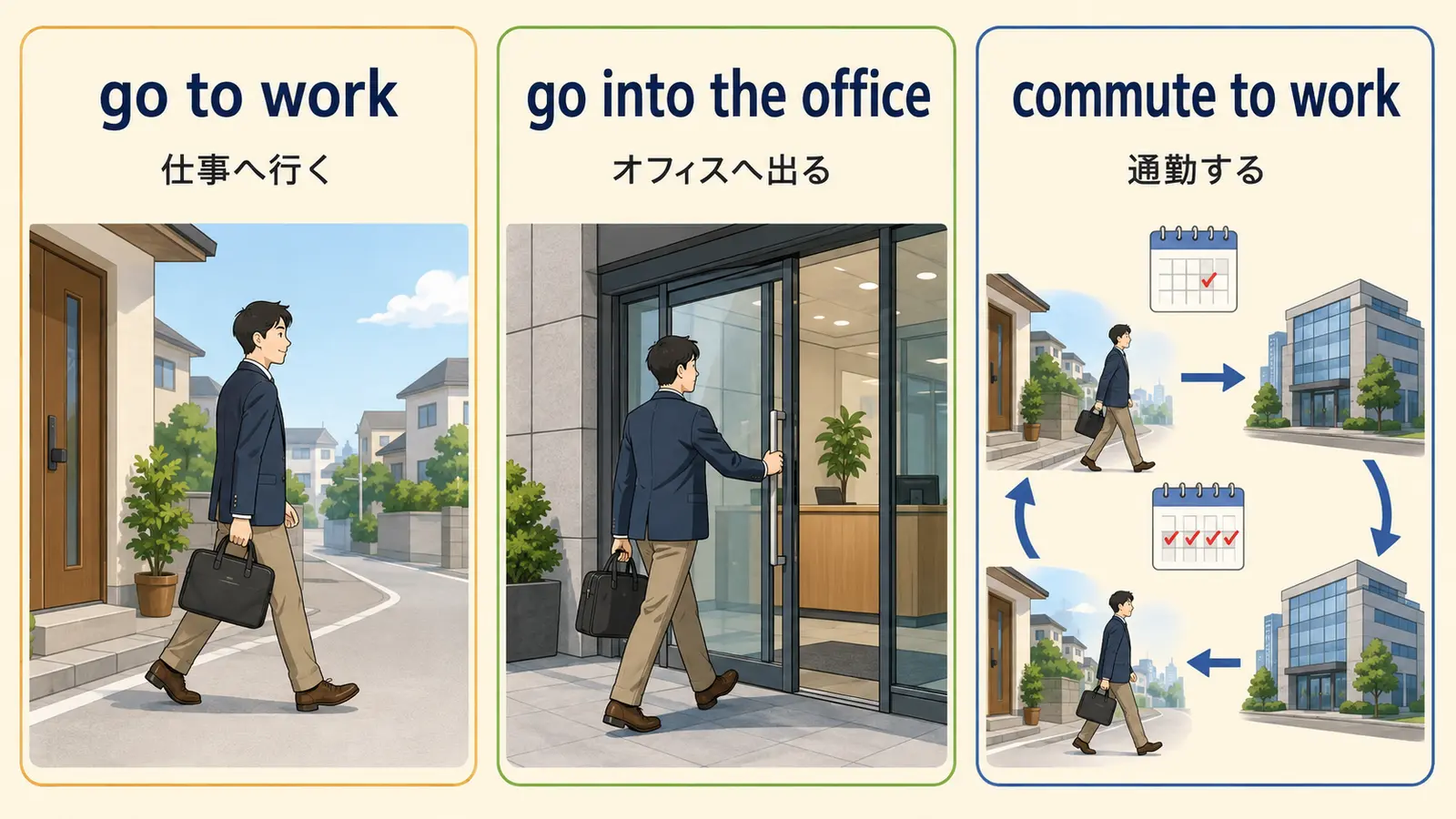 go to work・go into the office・commute to workの違いを示すイラスト
