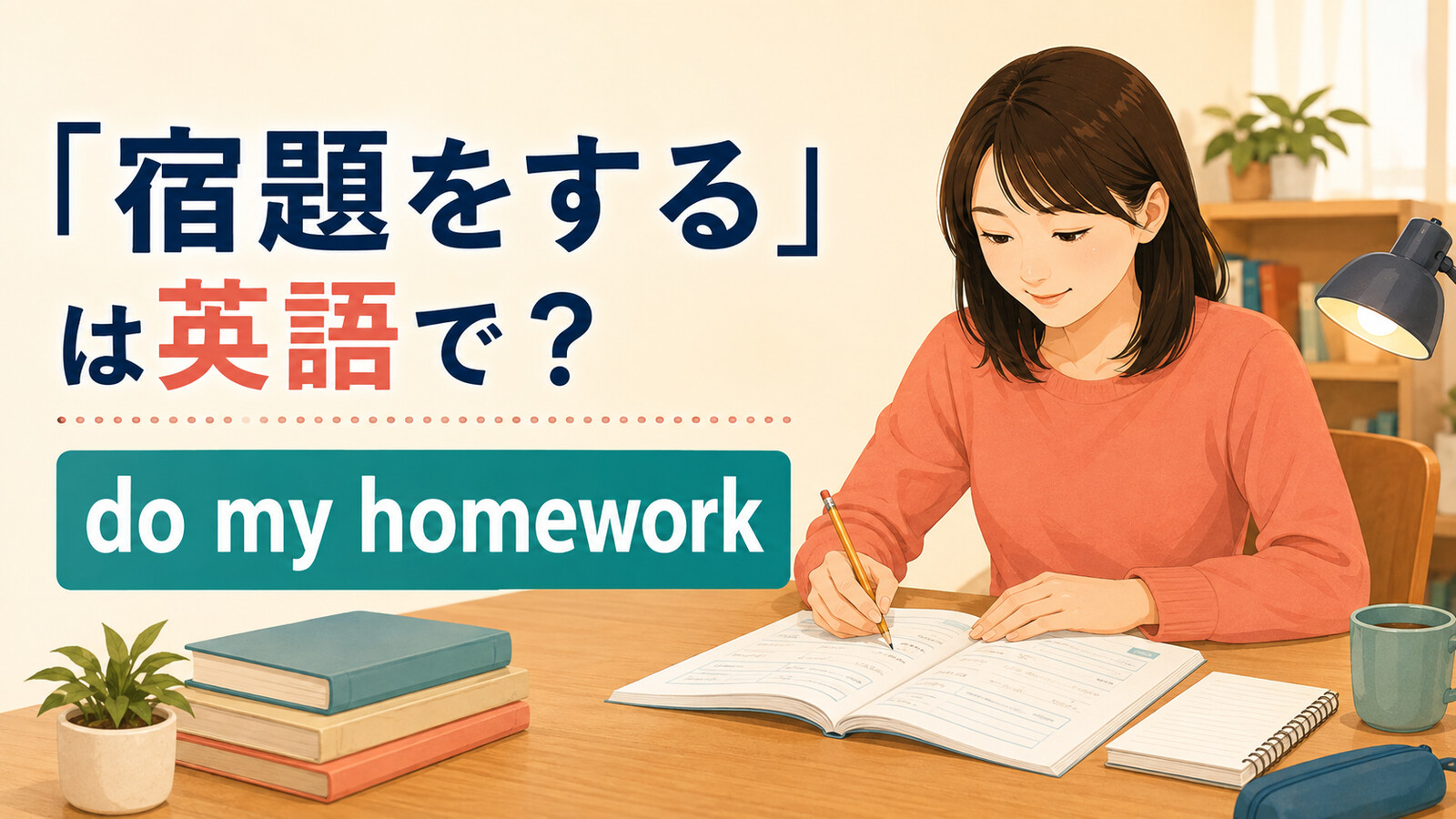 「宿題をする」は英語でdo my homeworkと説明する学習机のイラスト
