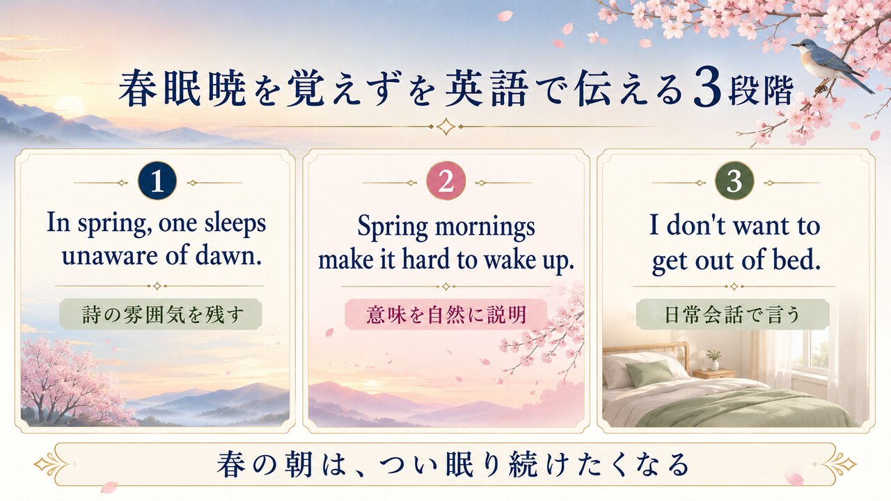 春眠暁を覚えずの詩的な英訳・自然な説明・日常会話を比較した図解
