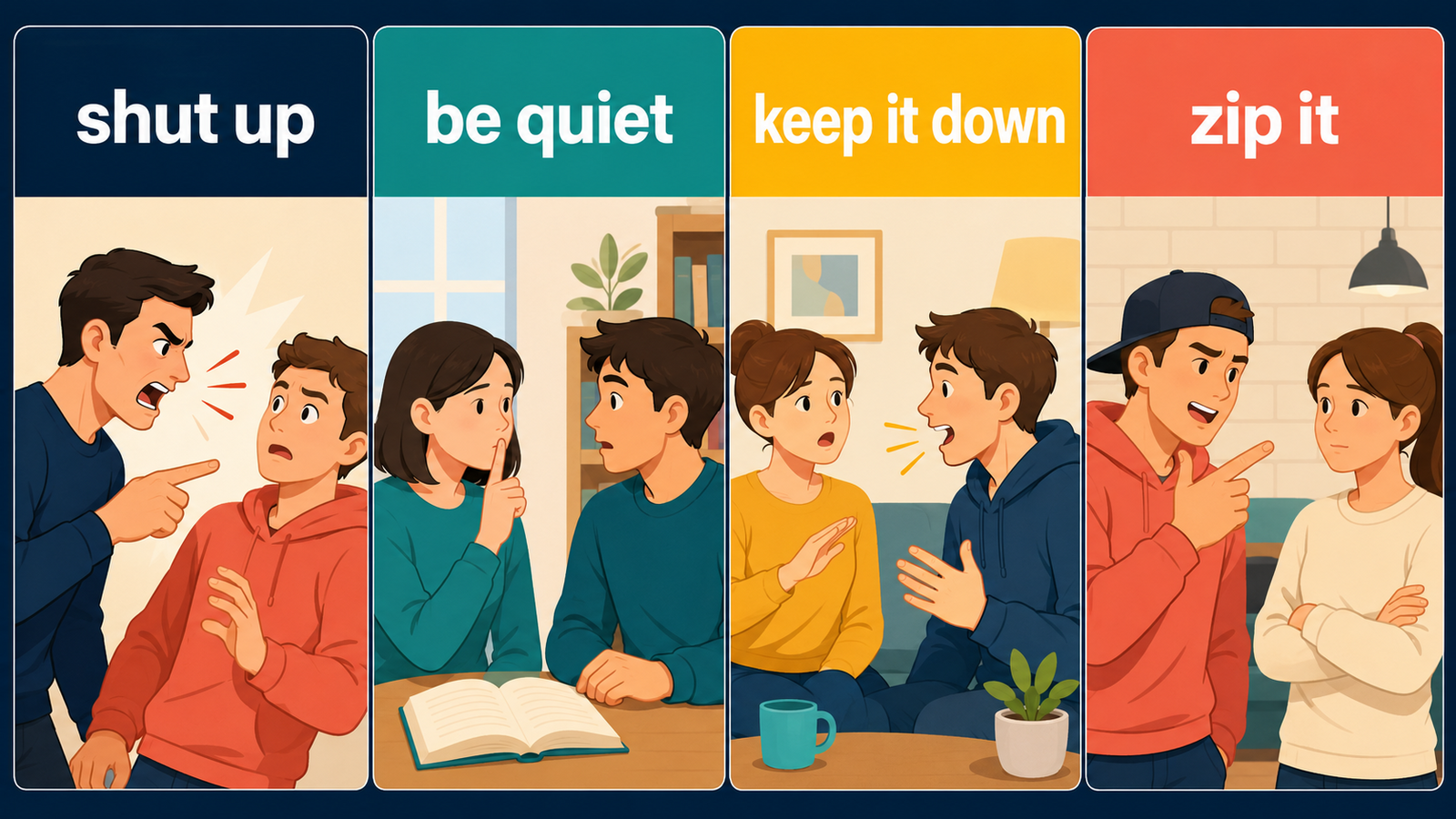 shut up、be quiet、keep it down、zip itのニュアンスを比較するイラスト