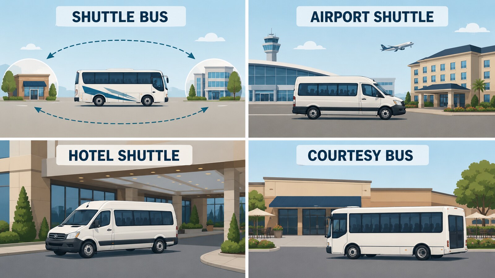shuttle bus、airport shuttle、hotel shuttle、courtesy busの違いを示すイラスト