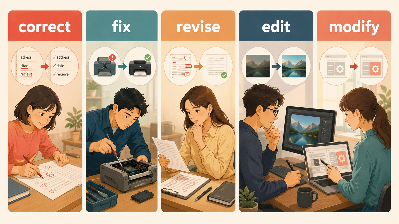 correct・fix・revise・edit・modifyの違い